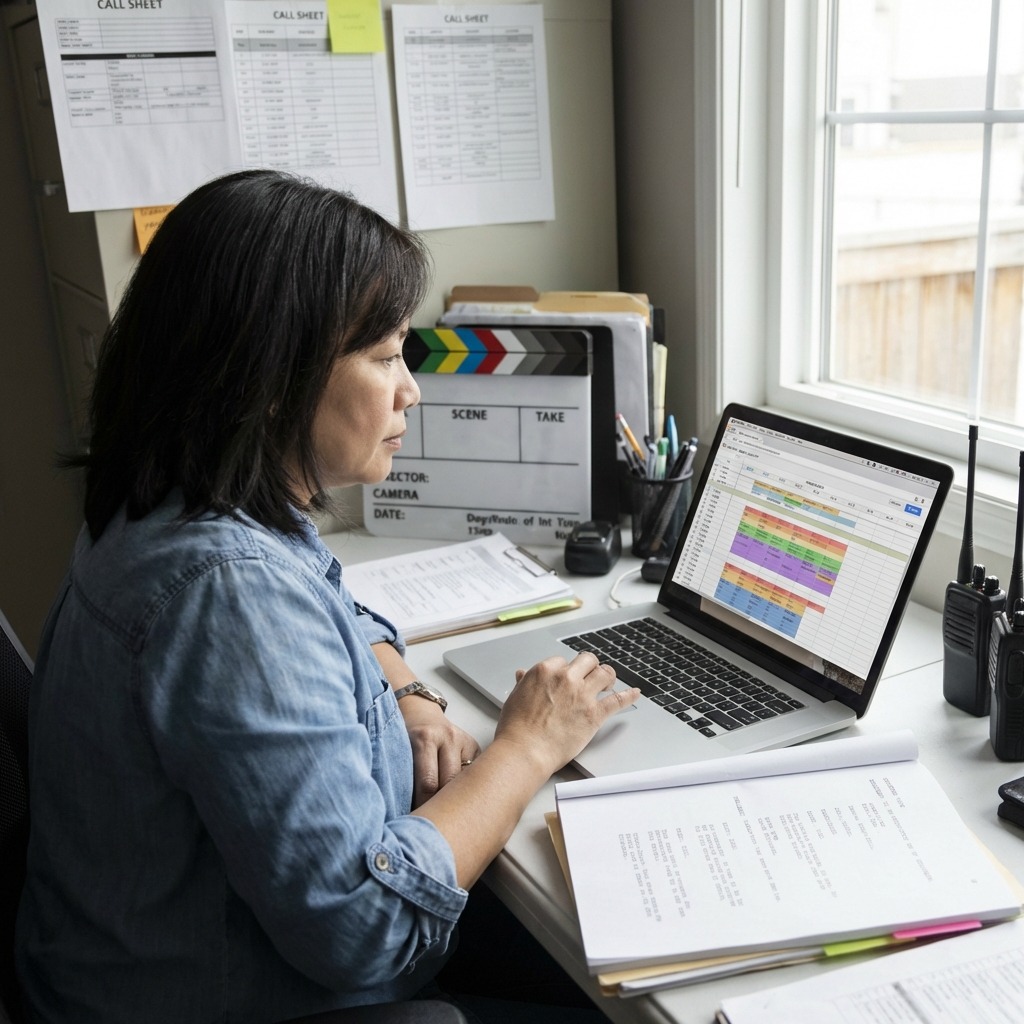Assistant director managing call sheets and production schedules