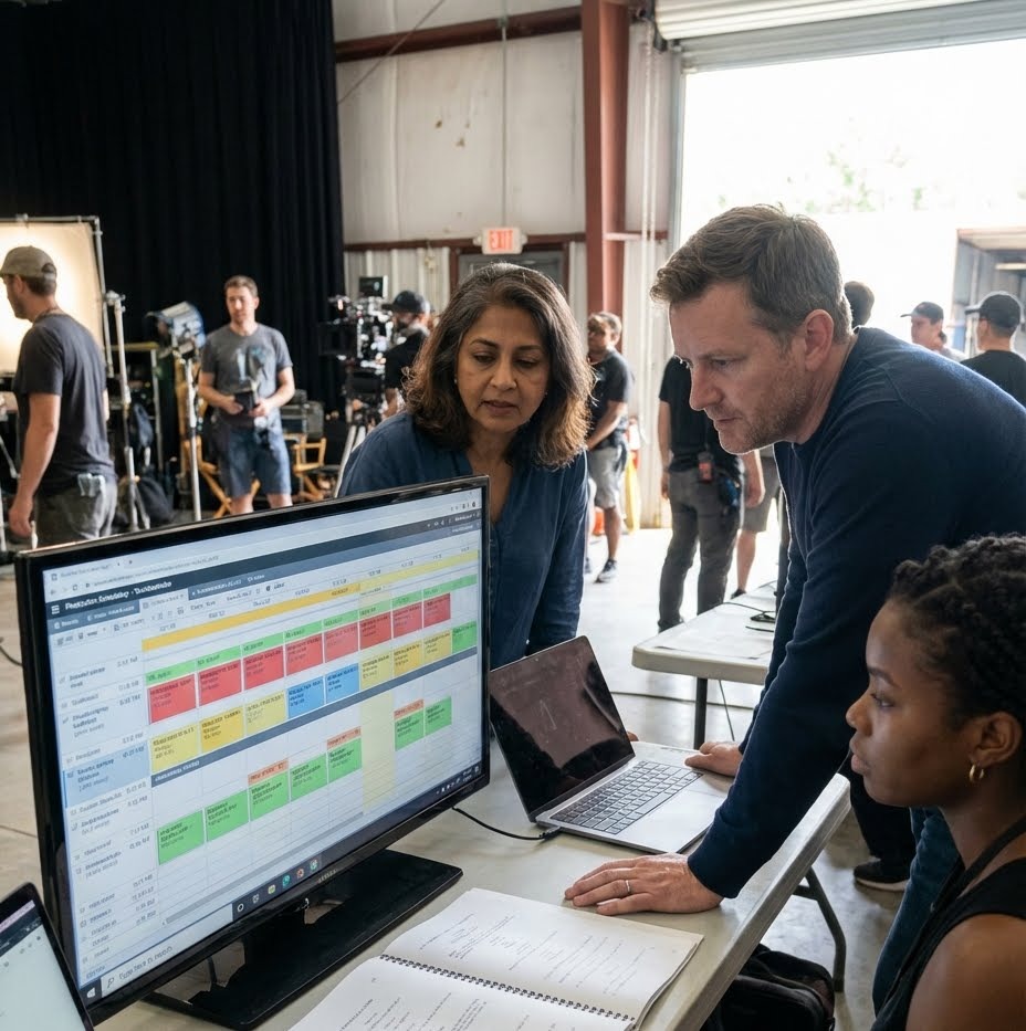 Production team reviewing a stripboard schedule on set